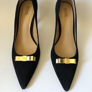 Michael Kors black suede heels with gold bow